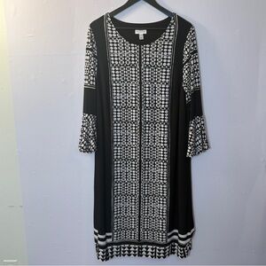 Susan Graver‎ Women’s 2XL Black White Geometric Print Dress 3/4 Sleeve Slinky